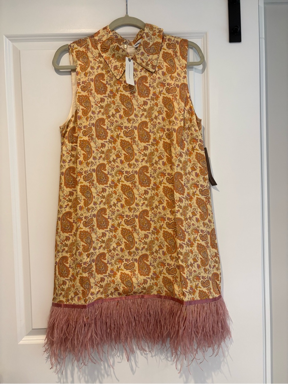 Anthropologie Paisley Sleeveless Shift Dress with Feather Trim